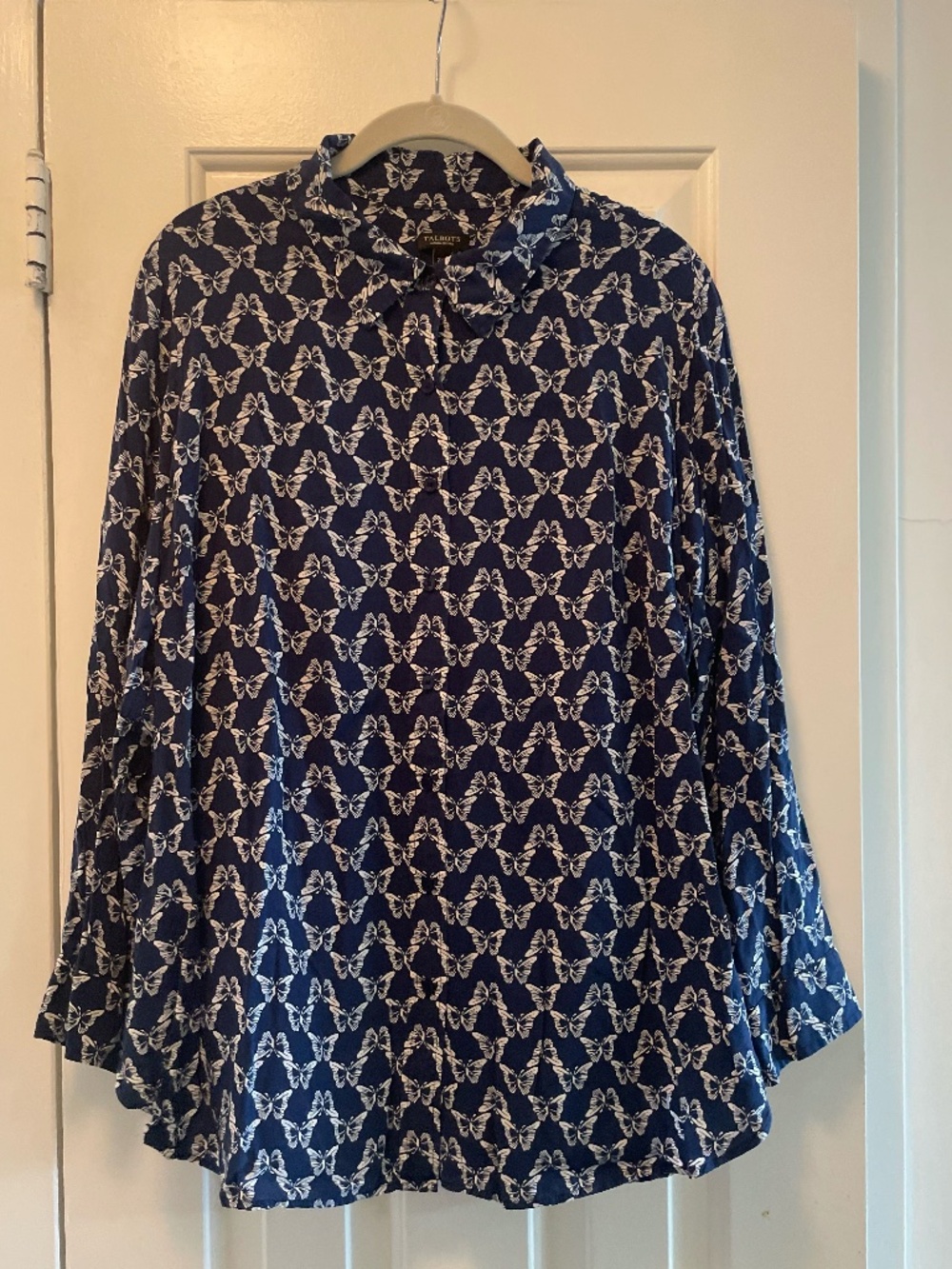 Talbots Women's Petites Navy & White Butterfly Rayon Button Down Top - Size 2XP